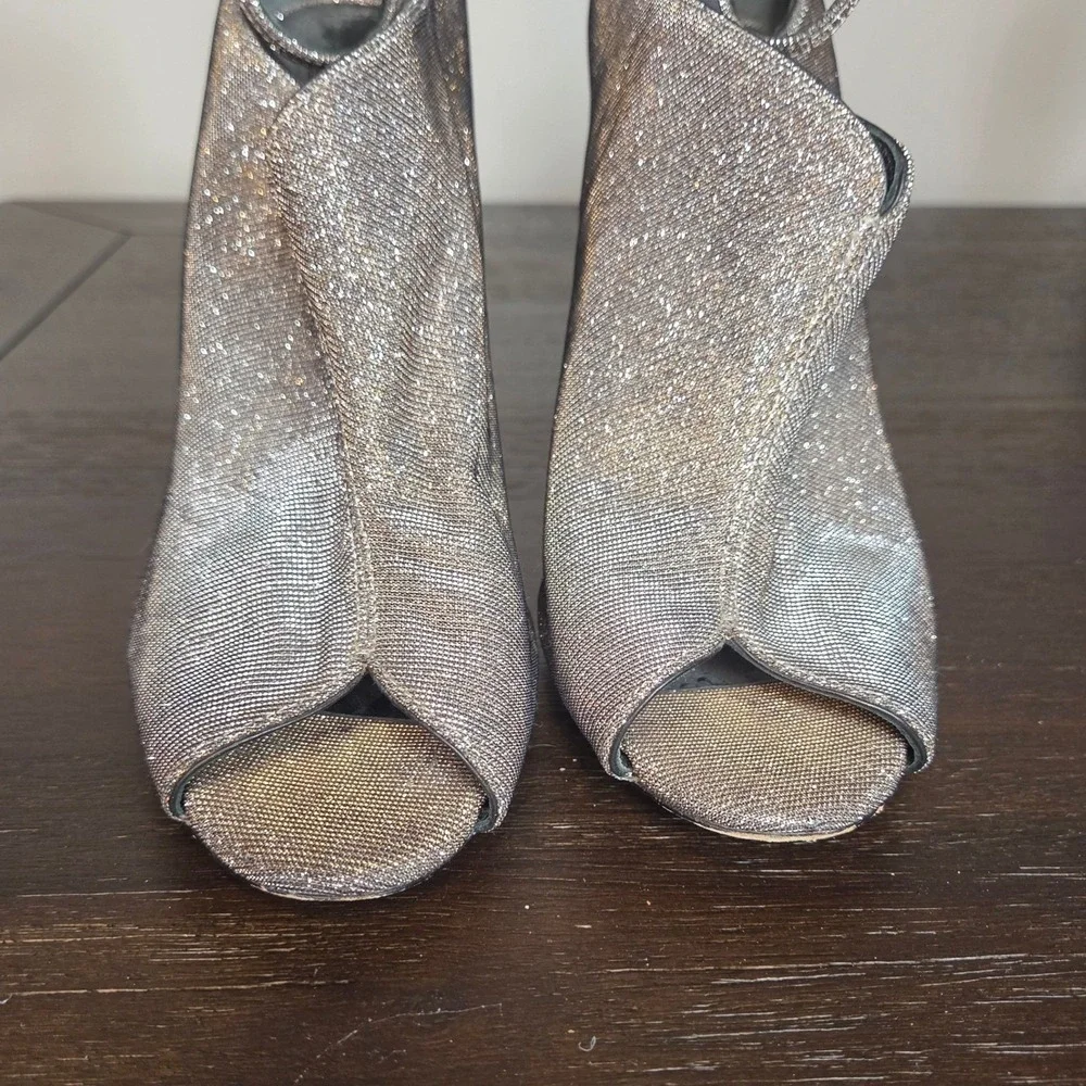 B Brian Atwood Metallic Glitter Peep Toe Ankle Strap Stiletto Heels 10 Italy